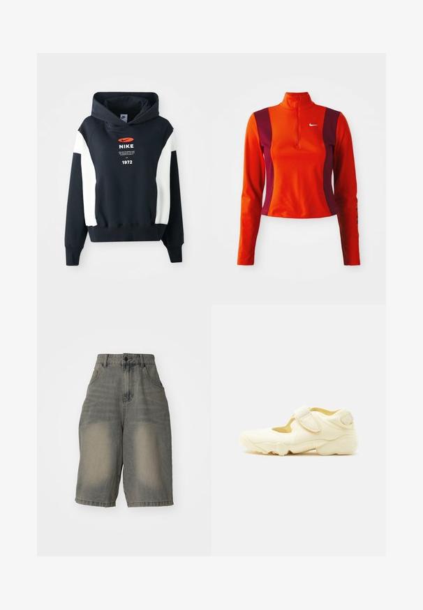 Marineblaue Kapuzenjacke mit weißen Akzenten an den Ärmeln, ausgestattet mit einem Frontlogo, Text und dem Jahr "1972" in Weiß. Weicher Stoff, Design mit Kängurutasche.; Roter und lila Langarm-Oberteil mit einem Viertelreißverschluss, das ein Nike-Logo auf der Brust trägt und eine figurbetonte Passform mit einer glatten Textur aufweist.; Jaded London LIGHT WASH JUMBO JORTS - Jeans Shorts - light wash; Beiger Sportschuh mit dicker Sohle, Cut-out-Design und zwei verstellbaren Klettverschlüssen auf weißem Hintergrund.