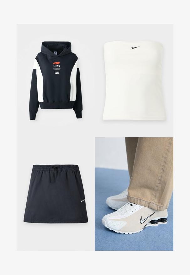Marineblaue Kapuzenjacke mit weißen Akzenten an den Ärmeln, ausgestattet mit einem Frontlogo, Text und dem Jahr "1972" in Weiß. Weicher Stoff, Design mit Kängurutasche.; Weißes trägerloses Nike-Tubetop mit schwarzem Swoosh-Logo, das nahe der oberen Kante zentriert ist, vor einem schlichten hellen Hintergrund dargestellt.; Schwarzer sportlicher Rock mit elastischem Bund und verstellbarem Kordelzug, mit kleinem weißem Nike-Swoosh-Logo auf der rechten Seite.; Weiße und beigefarbene Nike-Sneaker mit durchlöchertem Design, schwarzem Swoosh-Logo, strukturiertem Obermaterial und auffälliger, federnder schwarzer Ferse.