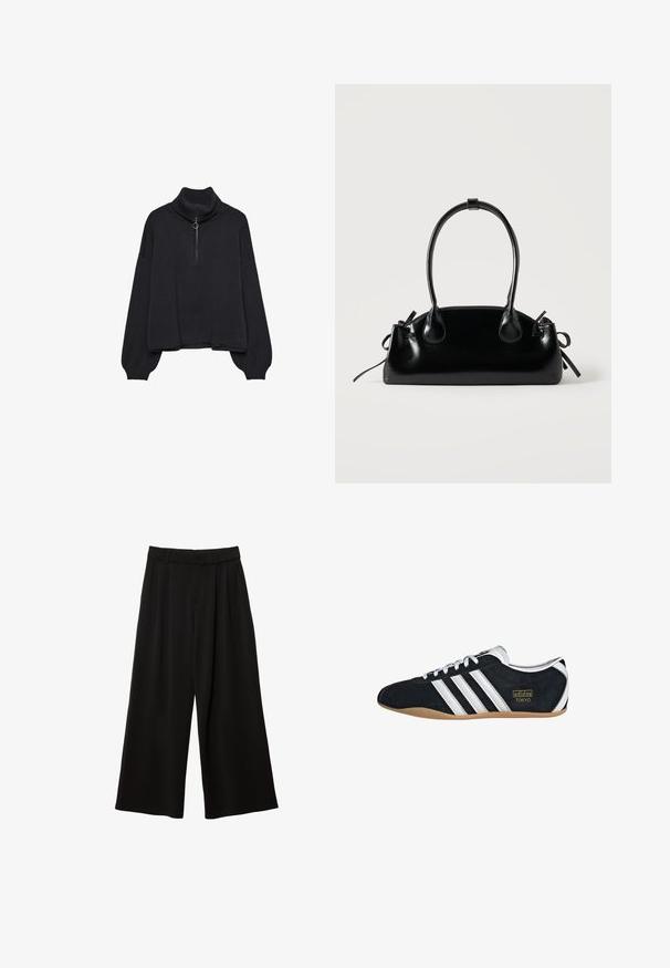 Pull à col roulé noir avec un zip demi-longueur à l'avant, manches surdimensionnées et texture douce. Il présente un col et un ourlet côtelés. Design minimaliste.; Pantalon noir à jambes larges avec passants de ceinture, fermeture à boutons sur le devant et poches latérales, présenté sur fond blanc.; Sneakers en suede noir avec trois bandes blanches, logo doré et semelle en caoutchouc marron. Présente un design à lacets à profil bas.; Petit sac à main noir brillant avec deux longues anses et des détails à cordon sur les côtés sur un fond clair uni.