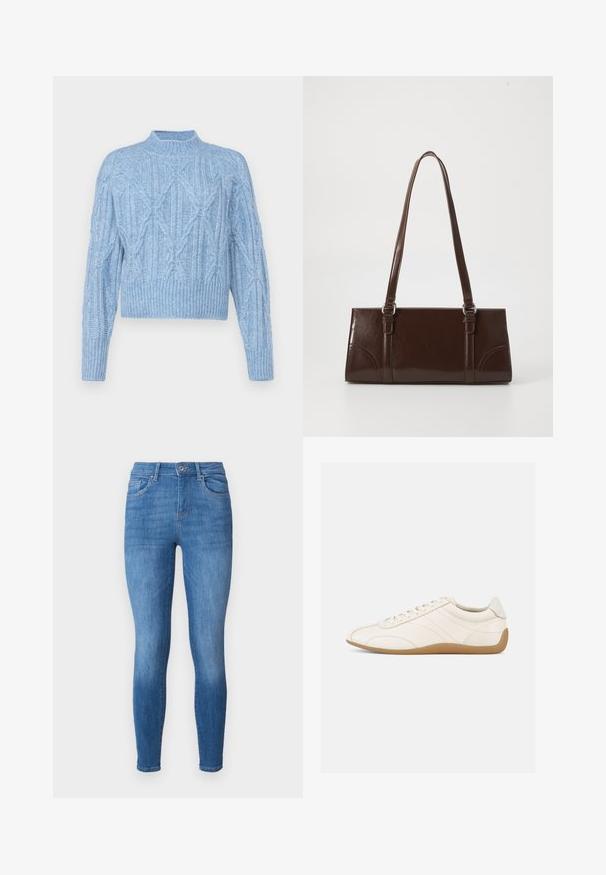 Vero Moda Petite VMBAILY HIGHNECK - Pullover - allure; Jean skinny en denim bleu moyen, avec une taille haute, cinq poches, un léger délavage et une fermeture à bouton unique à la taille.; Baskets en cuir blanc à texture lisse, bout arrondi et coutures ton sur ton. Elles comportent une semelle en caoutchouc beige et une fermeture à lacets.; Sac à main en cuir verni marron de forme rectangulaire, avec deux longues poignées et des accents courbés subtils à l'avant.