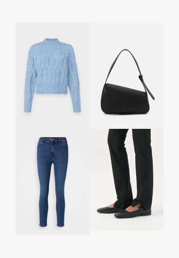 Vero Moda Petite VMBAILY HIGHNECK - Pullover - allure; Jean skinny en denim, de couleur bleu profond avec un léger délavage. Dispose d'un zip, de poches avant et de bords propres.; Jambes vêtues d’un pantalon slim noir avec des fentes à l’avant de l’ourlet, assorties à des chaussures plates Mary Jane noires avec une petite bride à boucle.; Sac à main en cuir noir de forme triangulaire, avec un rabat incliné et une poignée supérieure arrondie. Il présente une texture lisse et des détails de design minimalistes.