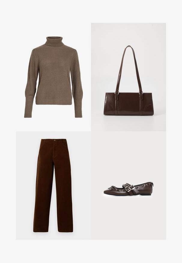 Brun ribbet strikket sweater med høj krave og tætsiddende ærmer, der har en tekstureret overflade og en afslappet pasform.; Brune corduroy straight-leg bukser med forlommer, bæltestropper og knaplukning på en hvid baggrund.; Mørkebrune lædersko med flad sål og spids snude, dobbelt sølvsnørrebånd, metaløjer og dekorativ sløjfe foran.; Brun lakeret håndtaske med rektangulær form, to lange håndtag og subtile buede detaljer på fronten.