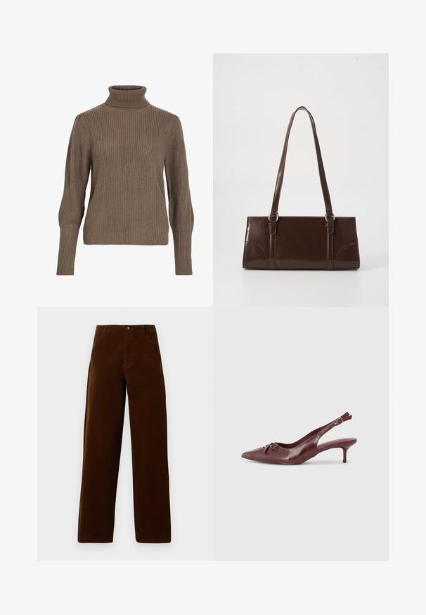 Brun ribbet strikket sweater med høj krave og tætsiddende ærmer, der har en tekstureret overflade og en afslappet pasform.; Brune corduroy straight-leg bukser med forlommer, bæltestropper og knaplukning på en hvid baggrund.; Bordeaux læder slingback hæl med spidse tå, justerbar rem og dekorativ sløjfedetalje foran. 7,5 cm hælhøjde.; Brun lakeret håndtaske med rektangulær form, to lange håndtag og subtile buede detaljer på fronten.