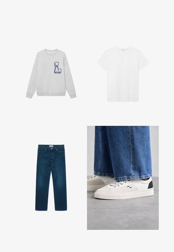 Grijze sweatshirt gemaakt van een katoenmix, met een groot marineblauw geborduurd "L" logo op de borst en geribbelde manchetten en onderkant.; Witte katoenen T-shirt met een ronde hals, korte mouwen en een subtiele logodetail op de borst. Gladde textuur en een standaard fit.; WOOD WOOD WW TYPE 2 DENIM STRAIGHT LEG - Straight leg jeans - dark ocean; Witte en zwarte sneakers met een glad leren bovenwerk, textuuraccenten en een chunky witte zool. Heeft een klassiek vetersluiting ontwerp.