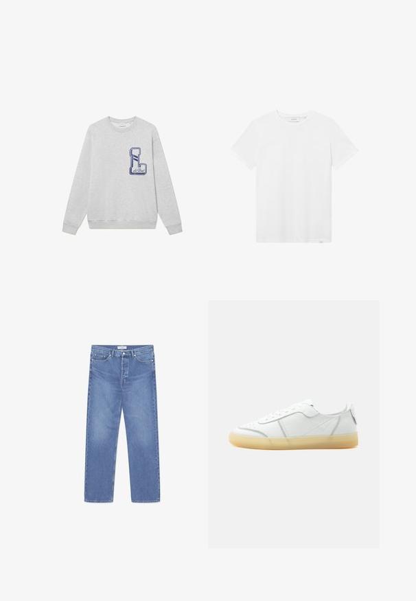 Grauer Sweatshirt aus Baumwollmischung mit einem großen, navyblau gestickten "L"-Logo auf der Brust sowie gerippten Bündchen und Saum.; Weißes Baumwoll-T-Shirt mit Rundhalsausschnitt, kurzen Ärmeln und einem dezenten Logo auf der Brust. Glatte Textur und normale Passform.; WOOD WOOD WW TYPE 2 DENIM STRAIGHT LEG - Jeans Straight Leg - ocean; Weißer flacher Ledersneaker mit beiger durchsichtiger Sohle, Schnürung vorne und minimalen Nähten, seitlich auf schlichtem Hintergrund gezeigt.