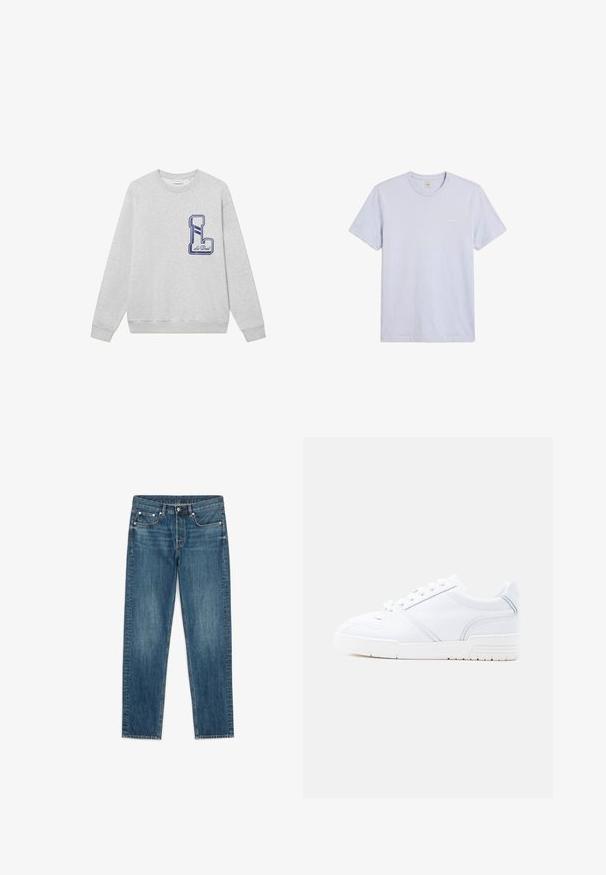 Grauer Sweatshirt aus Baumwollmischung mit einem großen, navyblau gestickten "L"-Logo auf der Brust sowie gerippten Bündchen und Saum.; Schlichtes hellgraues T-Shirt mit kurzen Ärmeln und Rundhalsausschnitt, mit kleinem weißem Calvin Klein Logo auf der linken Brust.; Blaue Jeans mit geradem Bein, vorderem Knopf und Reißverschluss, fünf Taschen sowie Gürtelschlaufen.; Weißer Sneaker mit niedrigem Schaft, Schnürverschluss, abgenähten Einsätzen und genoppter Sohle, in Seitenansicht vor einfarbigem Hintergrund gezeigt.