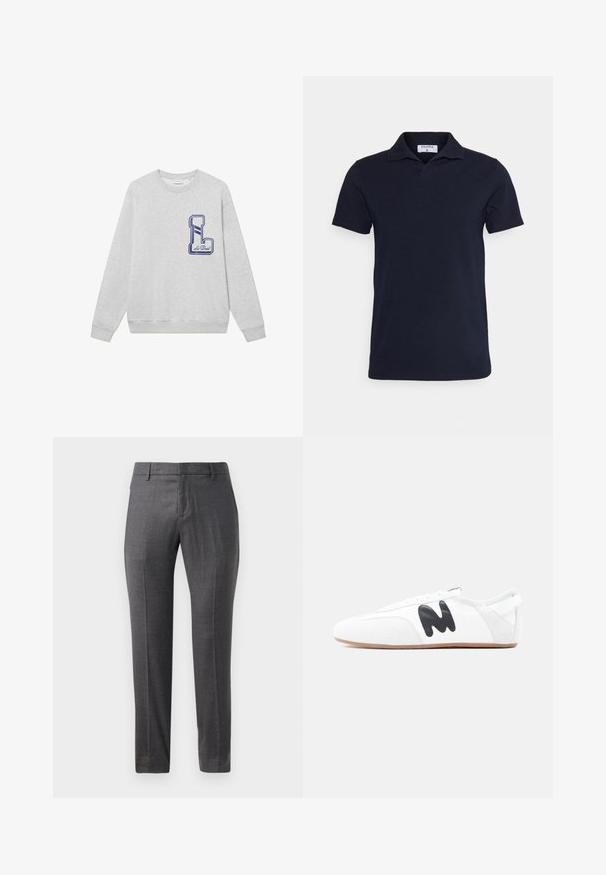 Grijze sweatshirt gemaakt van een katoenmix, met een groot marineblauw geborduurd "L" logo op de borst en geribbelde manchetten en onderkant.; Marineblauwe poloshirt van katoen, met een klassieke kraag en korte mouwen. Eenvoudig ontwerp met een gladde textuur.; Grijze wollen broek met een vlakke voorkant, slim fit, subtiele textuur en een klassiek ontwerp. Heeft zijzakken en een ritssluiting.; Witte lage sneaker met zwart "M"-logo aan de zijkant en lichtbruine zool, gezien vanaf de buitenkant tegen een effen achtergrond.