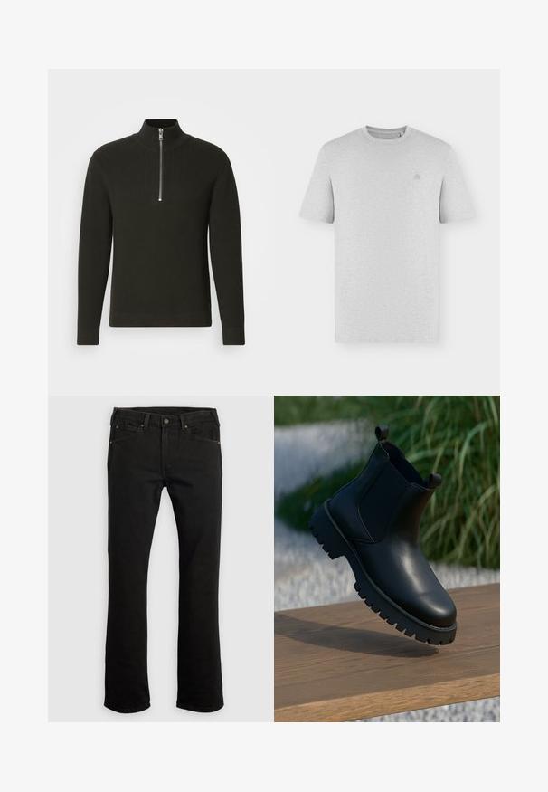 Zwarte geribbelde trui met hoge kraag en een korte ritssluiting, voorzien van lange mouwen en een slim fit ontwerp.; Effen lichtgrijze korte mouwen T-shirt met een ronde hals en een klein subtiel geborduurd logo op de linkerborst.; Zwarte spijkerbroek met rechte pijpen, vijf zakken, accenten van koperen hardware en riemlussen. Effen stof zonder patronen.; Zwarte leren enkellaarsjes met elastische zijpanelen, ronde neus en robuuste zool, tentoongesteld op een houten oppervlak.