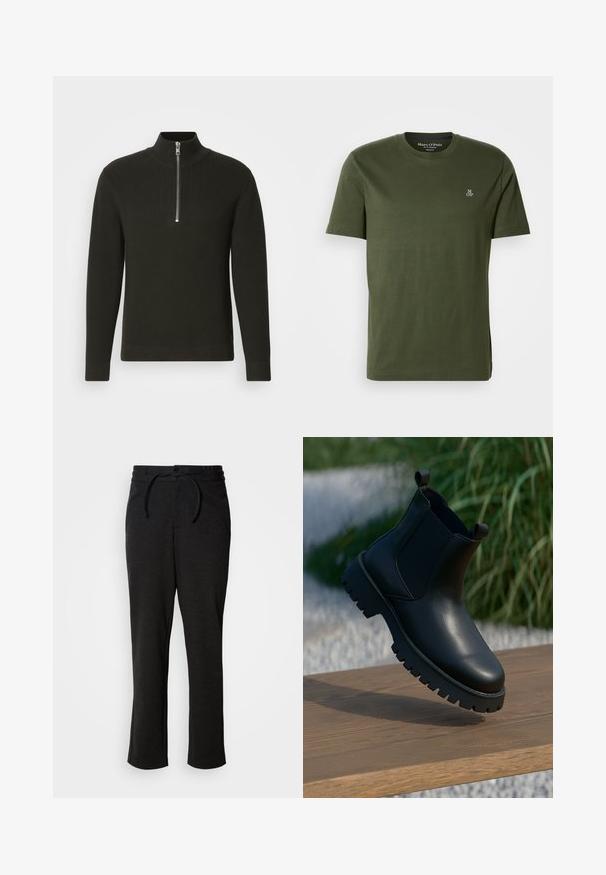 Sort ribbet striktrøje med høj krave og kort lynlås, med lange ærmer og tætsiddende pasform.; Olivengrøn bomulds t-shirt med korte ærmer, rund halsudskæring og lille hvid "MOP"-logo på venstre side af brystet.; Sorte strikbukser med snoreliv, lige ben og sidelommer. Blød tekstur med en glat overflade.; Sorte læder ankelstøvler med elastiske sidepaneler, rund tå og kraftig sål, vist på en træoverflade.