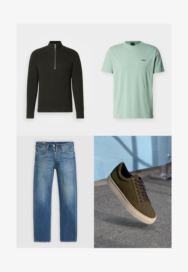 Sort ribbet striktrøje med høj krave og kort lynlås, med lange ærmer og tætsiddende pasform.; Lysegrøn kortærmet T-shirt med rund hals og lille sort "BOSS"-logo på venstre bryst mod en ensfarvet baggrund.; Lysblå denim jeans med lige pasform, der har fem lommer, metalknaplukning og kontrastgule syninger.; Mørk olivengrøn suedesneaker med brune snørebånd, cremet gummisål, rund tå og glat tekstur mod en grå asfaltbaggrund.