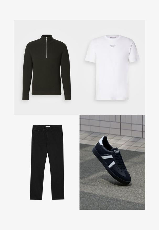 Sort ribbet striktrøje med høj krave og kort lynlås, med lange ærmer og tætsiddende pasform.; Hvid kortærmet t-shirt lavet af bomuld med rund hals. Fås med "Marc O'Polo" logo i sort på brystet. Glat tekstur, minimalistisk design.; Sorte lige ben jeans med fem-lomme design, knap- og lynlåslukning samt et Pier One mærkeetiket på taljen.; Sort lædersneaker med hvide striber, tekstureret gummisål og snørrebånd foran. Har et brandet mærke på tungen.