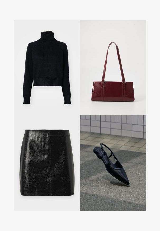 Mørk strikket turtleneck sweater med et cropped design, der har ribbede manchetter og kant, samt en tekstureret vævning gennem hele. ; Sort fusk læder mini nederdel med en glat, blank tekstur, der har en lige skæring og minimal syning ved taljen.; Sort slingback-flad sko med spids tå, svævende over en asfaltflade ved siden af en flisebelagt fortov.; Bordeaux håndtaske lavet af glansfuldt materiale, rektangulær form, med to skulderremme og subtile buede detaljer på forsiden.