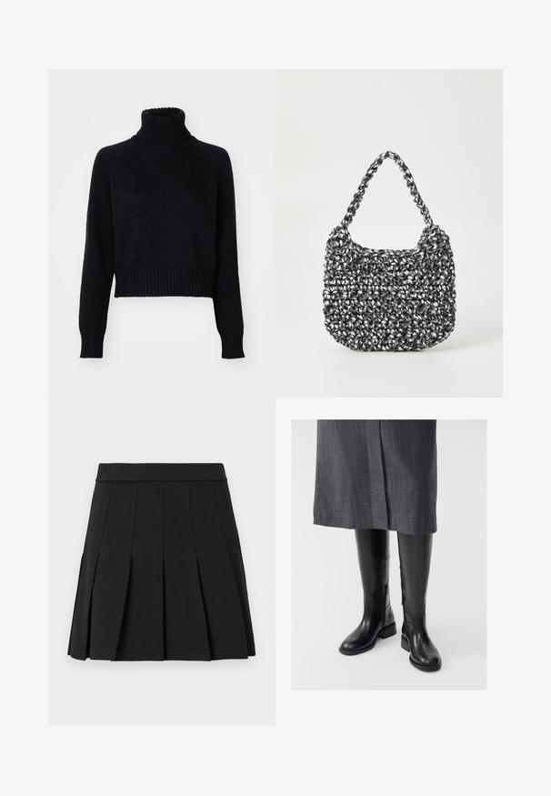 Mørk strikket turtleneck sweater med et cropped design, der har ribbede manchetter og kant, samt en tekstureret vævning gennem hele. ; Sort plisseret nederdel lavet af et glat materiale. Har en bred linning og flere knivfolder, der går lodret.; Knæhøje sorte læderstøvler med en glat tekstur, lynlåse i siden og en flad sål. Støvlerne har et struktureret skaft og minimalt hardware.; Vævet håndtaske i sort og hvid med en rund form, tekstureret overflade og et fletet håndtag. Velegnet til afslappet brug.