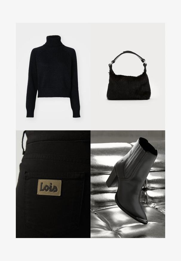 Mørk strikket turtleneck sweater med et cropped design, der har ribbede manchetter og kant, samt en tekstureret vævning gennem hele. ; Sorte stofbukser med en baglomme, der har et brunt mærke prægede med "Lois" i mørk skrift. Syningerne er synlige.; Sorte læder ankelstøvle med høj hæl, prydet med lodret syning og en skinnende sølvdetalje på tåen, sat på en metallisk baggrund.; Sort faux fur håndtaske med en blød tekstur, rund form og en robust skulderrem i sort læder. Synlige sølvhardware-detaljer.