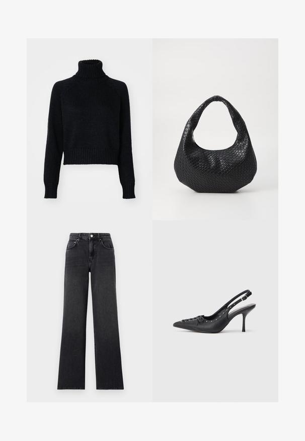 Suéter de cuello alto de punto oscuro con un diseño recortado, que presenta puños y dobladillo acanalados, y una textura tejida en todo su cuerpo.; Jeans anchos negros de denim, con cintura alta, trabillas para cinturón y diseño clásico de cinco bolsillos con acentos de cobre.; Sandal de tacón stiletto negro de cuero con punta afilada, correa lateral con hebilla, tachuelas a lo largo del borde y cordones decorativos en la parte delantera.; Bolso de mano tejido en negro con un asa curvada, que presenta una superficie texturizada y una forma holgada. Acabado suave con una silueta orgánica.