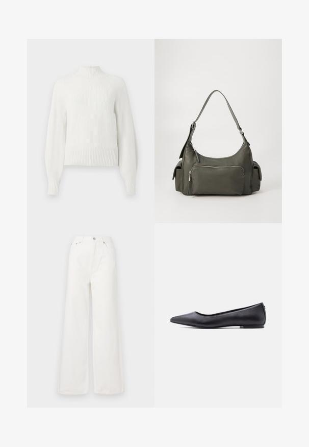 Pull en maille côtelée blanche avec de longues manches bouffantes et un col montant court, présenté sur un fond uni.; Jeans large à taille haute blancs en denim. Comprend des poches avant, une fermeture à bouton et des détails d'ourlet effiloché.; Chaussure plate en cuir noire à bout pointu avec petit talon, vue de profil sur fond blanc.; Sac à épaule en cuir vert avec un design arrondi, poche zippée à l'avant et poches supplémentaires sur les côtés. Texture lisse et matériel minimal.