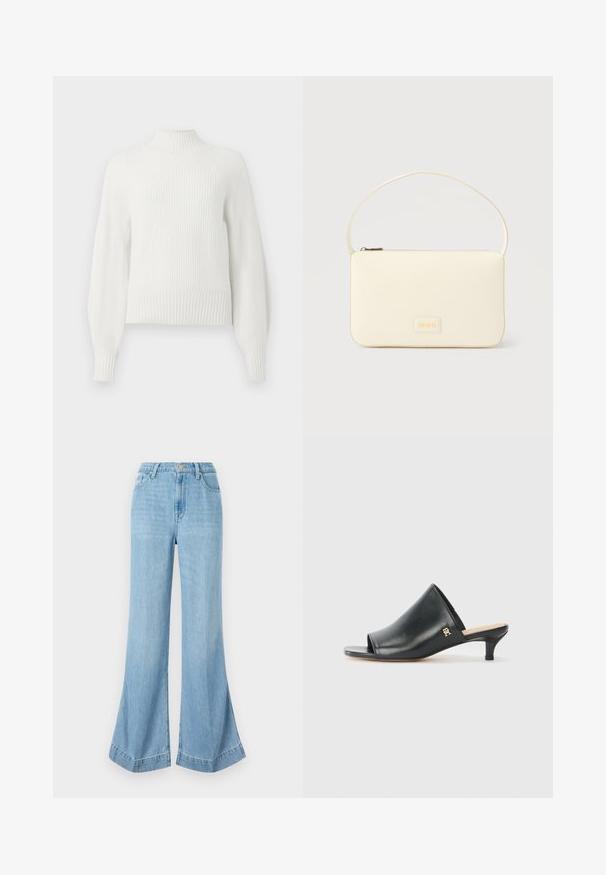 Pull en maille côtelée blanche avec de longues manches bouffantes et un col montant court, présenté sur un fond uni.; Jeans en denim bleu clair à jambe large, taille haute avec une fermeture à boutons, présentant une finition soignée et un ourlet évasé avec des fentes sur les côtés.; Mules ouverts en cuir noir avec un talon bas. Présentent une surface lisse et un accent logo doré sur le côté.; Sac à main rectangulaire de couleur crème avec une seule sangle et une fermeture éclair sur le dessus, comportant une petite plaque de logo embossé à l'avant.