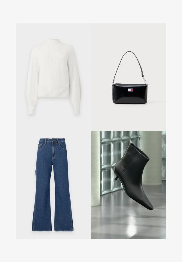 Pull en maille côtelée blanche avec de longues manches bouffantes et un col montant court, présenté sur un fond uni.; Jean en denim bleu à jambes larges avec une fermeture à bouton, deux poches avant et une poche latérale. Le tissu a une texture lisse avec des coutures visibles.; Bottine en cuir noir à bout pointu et petit talon kitten, présentée en angle devant un sol poli et un mur en blocs de verre.; Sac à bandoulière rectangulaire noir avec une courte sangle et le logo Tommy Jeans en rouge, blanc et bleu au centre avant.