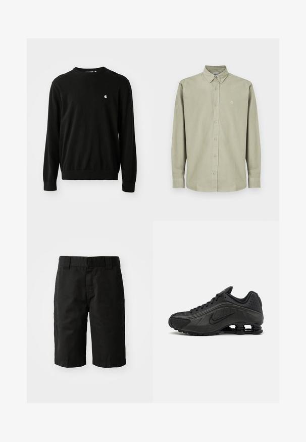 Pull en coton noir avec des manches longues, un col rond, des poignets et un ourlet côtelés. Présente un petit logo blanc du côté de la poitrine.; Chemise à manches longues verte clair avec col classique, ornée d'un logo sur la poitrine, de poignets boutonnés et en tissu coton lisse.; Shorts en coton noir avec une coupe droite, des passants de ceinture et un devant plat. Comprend des poches sur les côtés et une texture lisse.; Baskets de course noires avec une tige en synthétique lisse, des accents perforés, des panneaux latéraux texturés et une semelle distincte et rebondissante.