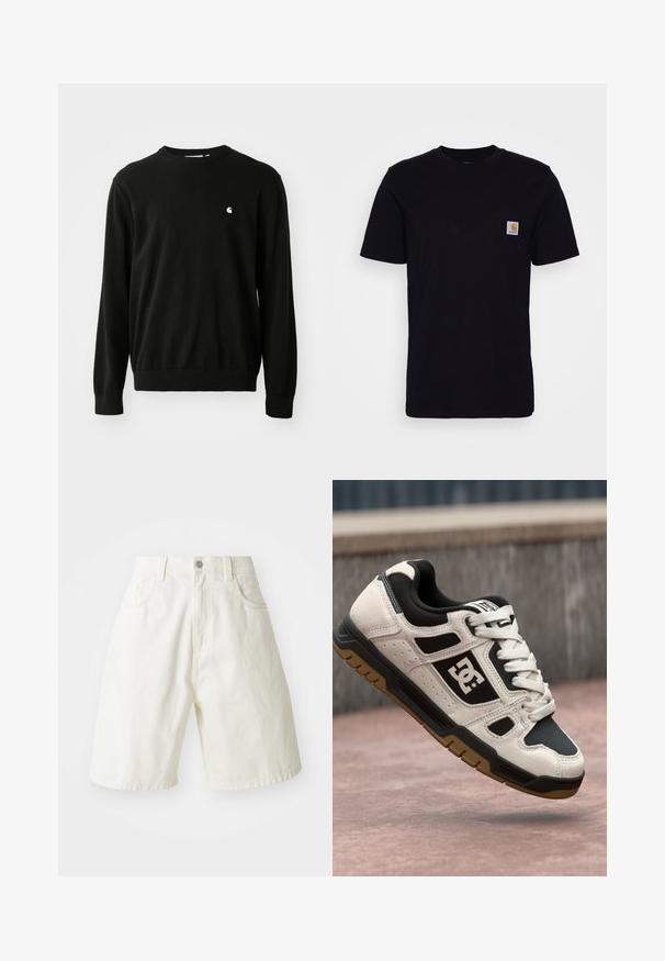 Pull en coton noir avec des manches longues, un col rond, des poignets et un ourlet côtelés. Présente un petit logo blanc du côté de la poitrine.; T-shirt en coton noir à manches courtes, col rond et poche poitrine avec un petit patch logo carré. Design simple et uni.; Shorts en denim blanc avec une coupe décontractée, dotés d'une taille, de cinq poches et de jambes droites. Le tissu a une légère texture.; Des chaussures de skate blanches et noires présentent une tige en synthétique, une semelle en caoutchouc, des accents perforés et un logo proéminent avec une semelle en gomme.