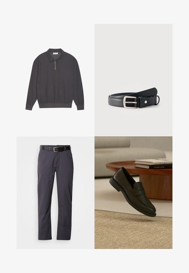 Polo à manches longues gris foncé avec un col zippé, texture côtelée, poignets élastiqués et poches latérales. Design décontracté et polyvalent.; Pantalons en coton noir à coupe droite, avec deux poches avant et une ceinture. Le tissu a une texture lisse et un fini mat.; Chaussure mocassin en cuir noir présentée en suspension au-dessus d'un tapis beige tissé, avec une table en bois et des livres empilés dans un salon doucement éclairé.; Ceinture en cuir noir avec boucle rectangulaire argentée enroulée sur un fond blanc uni.