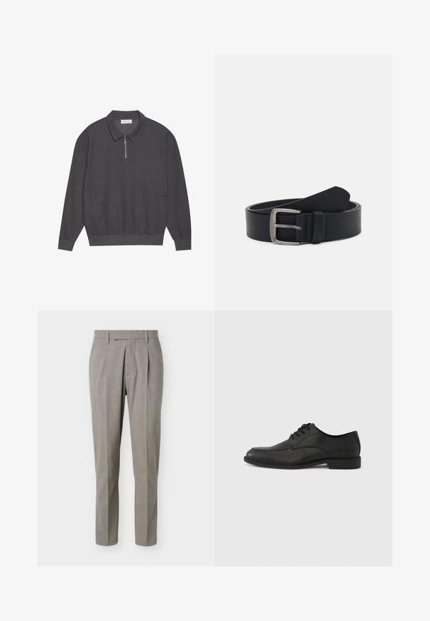 Dunkelgraues Langarm-Polohemd mit Reißverschlusskragen, gerippter Textur, elastischen Bündchen und Seitentaschen. Lässiges und vielseitiges Design.; Hellgraue, maßgeschneiderte Hose mit geraden Beinen, Gürtelschlaufen, vorderen Falten und einem sauberen Bund vor weißem Hintergrund.; Schwarzer Schnürschuh aus Leder mit glatter Oberfläche, abgerundeter Zehenkappe und niedrigem Gummihacken. Verfügt über dezente Nahtdetails am Obermaterial.; Schwarzer Ledergürtel mit einer silbernen Metallschnalle, verfügt über eine glatte Oberfläche und ein klassisches Design. Der Gürtel ist aufgerollt, mit dem Ende nach oben gerichtet.