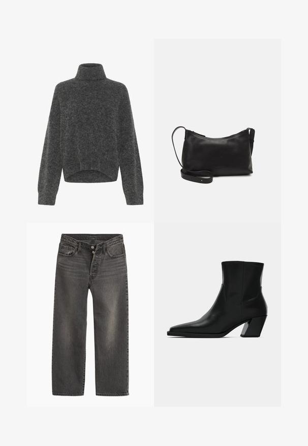 Mørkegrå, fuzzy turtleneck sweater med afslappet pasform og dropped shoulders. Blød tekstur og cropped kantdetalje. Ingen synlige lukninger.; Sorte denimjeans med lige ben, høj talje og knaplukning. Har subtil falmning og kontrastsyninger.; Sortlæder ankelstøvle med spids tå, en slank silhuet og en kraftig firkantet hæl. Glat tekstur med minimale stikninger.; Sort læder skuldertaske med en glat tekstur, buet form, justerbar rem og lynlås. Minimalistisk design uden udsmykninger.