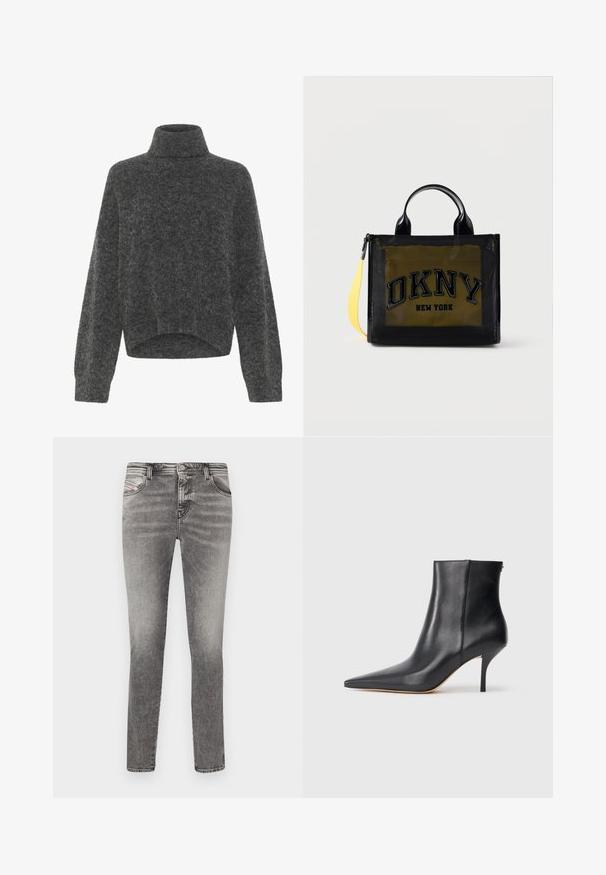 Mørkegrå, fuzzy turtleneck sweater med afslappet pasform og dropped shoulders. Blød tekstur og cropped kantdetalje. Ingen synlige lukninger.; Gry denim skinny jeans med fem lommer, lysvasket og nitterdetaljer. Har en knaplukning og bæltestropper langs taljen.; Sorte læder ankelstøvler med spids tå, slank stiletto hæl og en glat, elegant finish. Lynlåsdetalje bagpå.; Sort gennemsigtigt stofnet med gult indvendigt etui og fed "DKNY NEW YORK"-tekst, der har korte håndtag og en gul skulderrem.