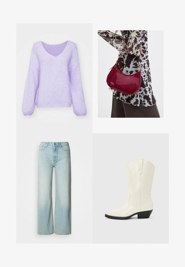 Lila gebreide sweater met een V-hals, verlaagde schouders en lange mouwen. Het materiaal is zacht, gestructureerd en heeft een iets losse pasvorm.; Lichtblauwe denim jeans met wijde pijpen, een vervaagde was, vijfzakkenontwerp en metalen knoopsluiting in de taille. Schone, recht gesneden vorm.; Witte westernlaars tot halverwege de kuit met puntige neus, zwarte gestapelde hak, decoratieve stiknaden en een lus aan de schacht.; Vrouw met een zwart-wit gebloemde blouse houdt een glanzende rode schoudertas vast tegen een effen achtergrond.
