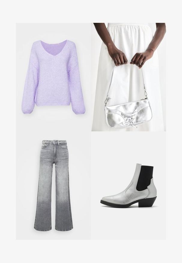 Jersey de punto lila con escote en V, hombros caídos y mangas largas. Material suave, texturizado y ligeramente holgado.; Jeans de mezclilla gris de pierna ancha con un degradado de claro a oscuro, que cuentan con una cintura alta, diseño de cinco bolsillos y un cierre de botón clásico.; ONLY SHOES ONLBRONCO SHORT - Botines camperos - silver; Bolso metálico plateado con detalle de cordones, que presenta un diseño elegante y una correa corta. El bolso está sostenido con las manos, mostrando su textura.