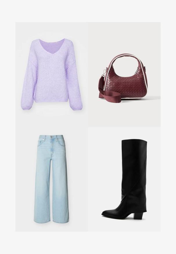 Lilla strikket sweater med V-hals, sænkede skuldre og lange ærmer. Materialet er blødt, tekstureret og en smule løs pasform.; Lyseblå vidbenede jeans med forreste knap- og lynlås-lukning, bæltestropper og klassisk design med fem lommer.; Høj sort læderstøvle med skråt syning, spids tå og kraftig mellemhøj hæl på hvid baggrund.; Mørkerød vævet lædertaske med buet hank, hvid kant, sølv lynlås og aftagelig bred stofskulderrem mod en ensfarvet baggrund.
