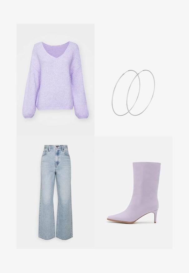 Lilla strikket sweater med V-hals, sænkede skuldre og lange ærmer. Materialet er blødt, tekstureret og en smule løs pasform.; Lysblå denim brede ben jeans med høj talje, klassisk fem-lomme design og kontrasterende syninger. Uslebne kanter i bunden.; Even&Odd by Zalando Høje støvler/ Støvler - purple; Sølvøreringe med et minimalistisk design. Cirkulær form, glat tekstur og tynd profil. Letvægtige med en poleret overflade.
