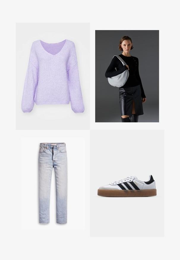 Lilla strikket sweater med V-hals, sænkede skuldre og lange ærmer. Materialet er blødt, tekstureret og en smule løs pasform.; Lyseblå denimjeans med lige ben, der har en knaplukning, fem lommer og en diskret falmning langs benene.; Hvide lædersneakers med sorte striber, gummirubber sål, rund tå, snørelukning og blød grå ruskinds tåhætte.; Hobo taske i lysegrå, blødt materiale, rund form. Stylet med en sort langærmet top og en sort lædernederdel med en forkantsslids.