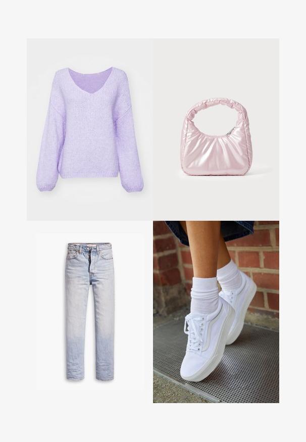 Lilla strikket sweater med V-hals, sænkede skuldre og lange ærmer. Materialet er blødt, tekstureret og en smule løs pasform.; Lyseblå denimjeans med lige ben, der har en knaplukning, fem lommer og en diskret falmning langs benene.; Hvide lærreds sneakers med gummisåler, der har seks snørehuller, rund tå og let sømdetaljer, krydret med hvide ankelstrømper.; Rosa, polstret håndtaske med afrundet design, lavet af skinnende materiale. Har et samlet håndtag og en lynlås til sikker adgang.
