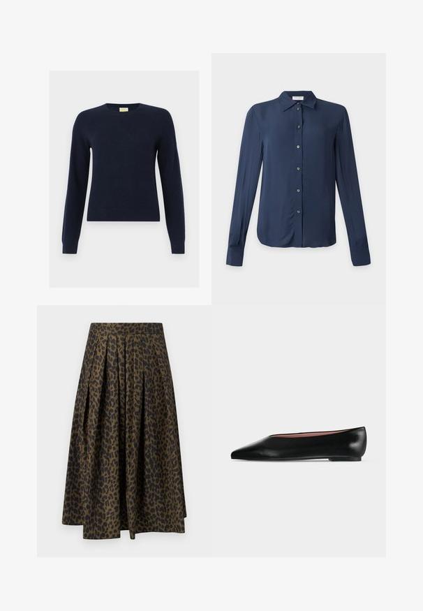 Pull à col rond bleu marine à manches longues avec poignets et ourlet côtelés, présenté à plat sur un fond blanc.; Chemise bleu marine à manches longues avec boutons, col et poignets, affichée à plat sur un fond clair.; Jupe midi plissée à imprimé léopard vert et noir, avec une taille haute et une silhouette trapèze.; Chaussure plate en cuir noir pour femme, avec bout pointu et petit talon, vue de côté sur un fond gris clair uni.
