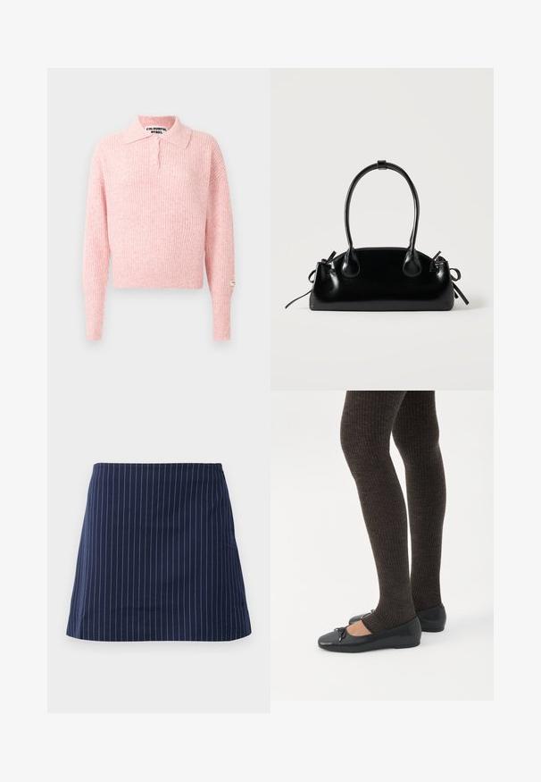 Pull en rose côtelé avec un col et une patte de boutonnage à trois boutons. Manches longues et coupe courte. Étiquette cousue sur la manche.; Jupe bleu marine avec de fines rayures verticales blanches et une coupe droite au-dessus du genou, présentée sur un fond blanc uni.; Jambes portant des leggings côtelés foncés associés à des ballerines noires avec de petits détails en nœud sur fond blanc.; Petit sac à main noir brillant avec deux longues anses et des détails à cordon sur les côtés sur un fond clair uni.