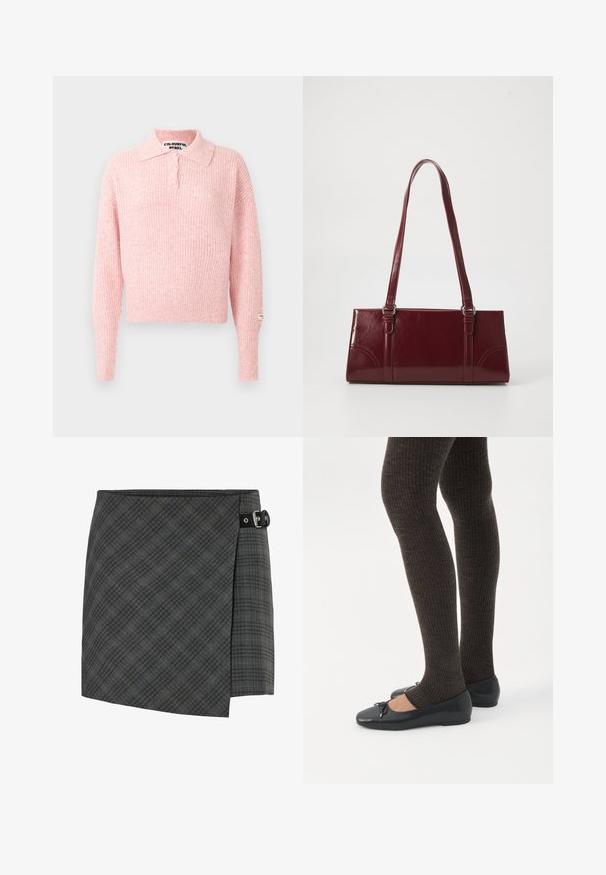 Pull en rose côtelé avec un col et une patte de boutonnage à trois boutons. Manches longues et coupe courte. Étiquette cousue sur la manche.; Jupe en laine à carreaux gris foncé avec un détail de boucle noire sur le côté droit, ourlet droit et un motif subtil de lignes diagonales.; Jambes portant des leggings côtelés foncés associés à des ballerines noires avec de petits détails en nœud sur fond blanc.; Sac à main bordeaux en matériau brillant, de forme rectangulaire, avec deux anses et des accents légèrement courbés à l'avant.