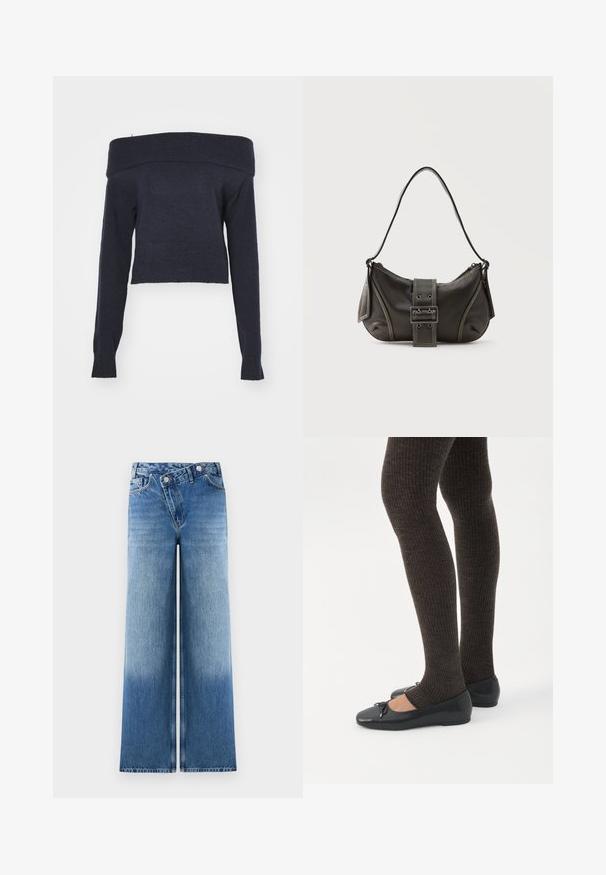 Weekday LOLO OFF SHOULDER - Πουλόβερ - navy; Ανοιχτό μπλε παντελόνια καμπάνα με ξεθωριασμένο φινίρισμα, διαθέτουν κλασικό σχέδιο πέντε τσεπών και μεταλλικά κουμπιά στη μέση.; Πόδια με σκουρόχρωμα ριμπ κολάν συνδυασμένα με μαύρα μπαλαρίνα παπούτσια με μικρές λεπτομέρειες φιόγκων σε λευκό φόντο.; Μαύρη δερμάτινη τσάντα ώμου με λεπτομέρεια ιμάντα με πόρπη, καμπυλωτές άκρες και αντίθετη λευκή ραφή σε απλό φόντο.