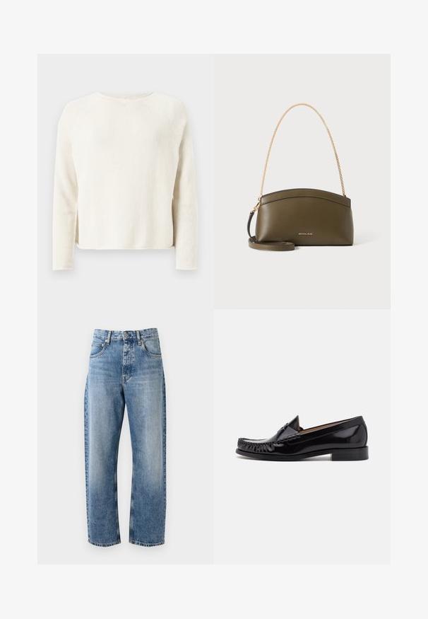 Pull en tricot couleur crème à manches longues avec col rond et discrètes fentes latérales, présenté sur un fond gris clair.; Un jean en denim bleu clair présente une coupe décontractée, des jambes droites, un design à cinq poches, des éléments de quincaillerie en cuivre et une finition décolorée.; Mocassin en cuir noir avec une finition brillante, présentant des franges à l'avant et un petit talon empilé.; Sac à main Michael Kors vert olive avec bandoulière en chaîne dorée, dessus courbé et petit logo doré sur le devant, présenté sur fond blanc.