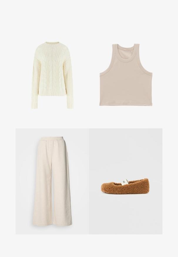 Pull en maille torsadée de couleur crème avec un col rond, des manches longues et un motif texturé sur l'ensemble. Les poignets et l'ourlet côtelés ajoutent des détails.; Crop top sans manches côtelé beige avec larges emmanchures et encolure ronde.; Pantalons taille haute à jambes larges en tissu beige clair. Dotés d'une taille élastique et de poches latérales. Texture douce avec un design décontracté.; Chausson marron duveteux avec une semelle souple et une bande élastique blanche sur le dessus, sur un fond blanc uni.
