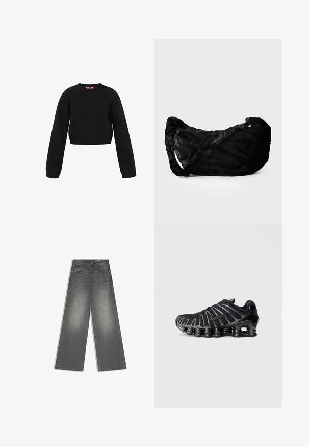 Sort cropped sweater lavet af struktureret stof. Har lange ærmer og en rund halsudskæring. Minimalistisk design uden synlige mønstre eller accenter.; Grå denimjeans med vide ben og høj talje, med falmede detaljer, frontknap og lynlås samt lommer, på en hvid baggrund.; Sort sportssko med en tekstureret mesh-overdel og en karakteristisk klodset sål med afrundede sektioner. Snørebånd og forstærket hæl for støtte.; Sort stofpose med et struktureret bølgemønster, der har et snoet håndtag og afrundet form. Blødt, pelsagtigt materiale, der giver en taktil fornemmelse.