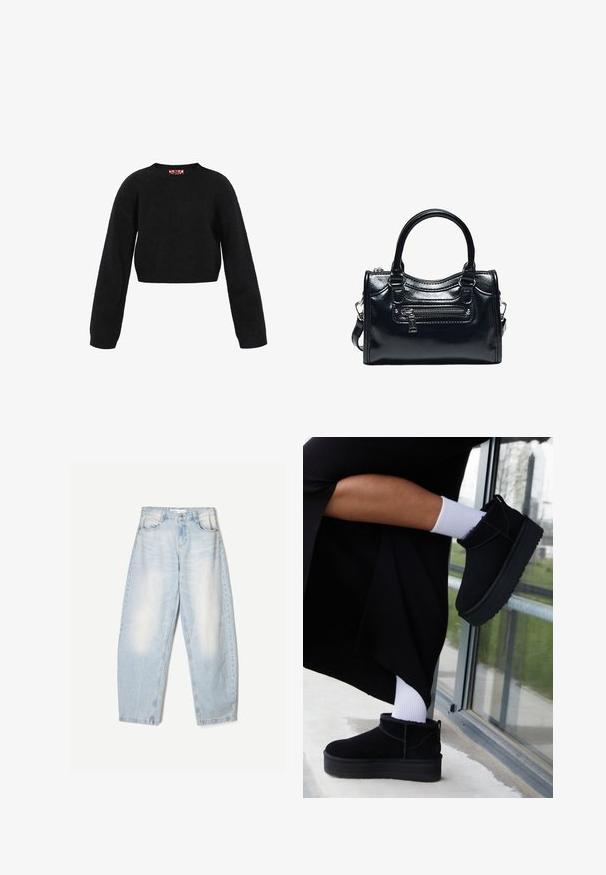 Pull court noir en tissu texturé. Il présente des manches longues et un col rond. Design minimaliste sans motifs ni accents visibles.; Jean en denim bleu clair à coupe décontractée, avec une finition délavée, deux poches avant et une fermeture par bouton au niveau de la taille.; Bottines en cuir suédé noir à semelle plate, avec une languette arrière, portées avec des chevilles blanches sur un fond minimaliste.; Sac à main en cuir noir brillant avec deux poignées, poche avant zippée et bandoulière amovible sur fond blanc.