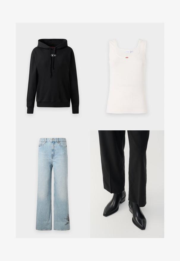 Must musta pehmeast kangast. Ees on känguru tasku, reguleeritav kapuuts ja hõbedane logo rinnal.; Valge ribadega tank-top, millel on neljakandne dekoltee ja kitsad rihmad. Keskosas asub väike lilleline aksent.; Heledad helesin sinised narmastega teksad, mis on valmistatud denimist, koos pleekinud tekstuuri ja lillede tikandiga vasakul jalal.; Mustadest nahast pahkluu saapad, terava ninaga, sile tekstuur ja ruudukujuline konts. Kombineeritud mustade laiade pükstega, luues saleda silueti.