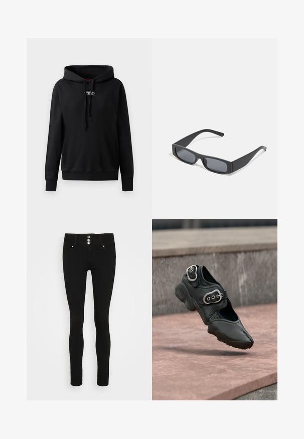 Sort hættetrøje lavet af blødt stof. Har en front kangaroo lomme, justerbar snor i hætten og et sølvlogo på brystet.; ONLY ONLHELLA ANEMONE - Jeans Skinny Fit - black denim; Sort sko med delt tå og to sølvspændere, tyk sål og perforerede detaljer, svævende over en stenovertagelse.; Sorte rektangulære solbriller med mørke linser og tykke matte stel. Armen er let tilspidset med en glat overflade.