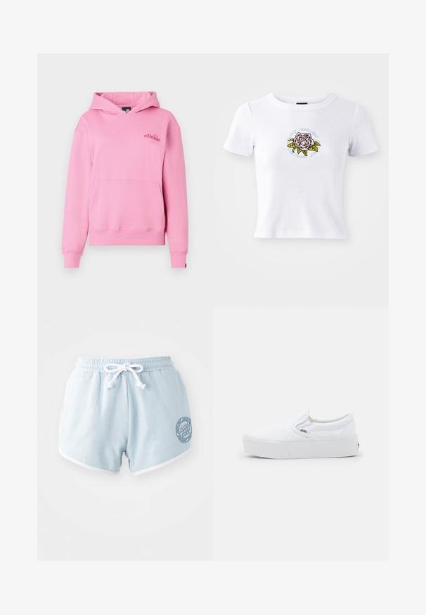 Roze hoodie van zachte stof met een voorzak, ribbelmanchetten en een geborduurd logo aan de linkerzijde van de borst.; Witte t-shirt met korte mouwen en een fitted ontwerp, met een gecentreerde geborduurde rozenafbeelding en een cirkelvormige tekst rondom de bloem.; Lichtblauwe shorts van zachte stof met een witte trekband, voorzien van witte afwerking en een ronde logopatch aan de zijkant.; Witte Vans slip-on sneaker met dikke zool en subtiele logo-tag aan de zijkant, getoond in profiel tegen een effen lichte achtergrond.