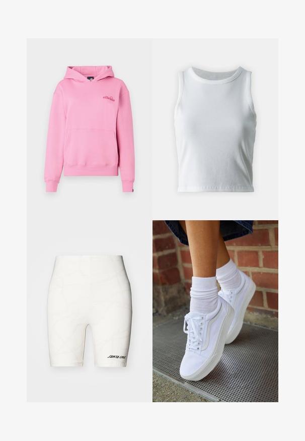 Roze hoodie van zachte stof met een voorzak, ribbelmanchetten en een geborduurd logo aan de linkerzijde van de borst.; Witte geribde tanktop met een ronde halslijn en mouwloos ontwerp, voorzien van een rechte zoom en een gladde, rekbare textuur.; Witte fietsbroekjes met een subtiel patroon van prikkeldraad, een elastische tailleband en een zwart "SANTA CRUZ" logo op de linkeronderzijde.; Witte canvas sneakers met rubberen zolen, voorzien van zes vetertjes, een ronde neus en lichte stikdetails, gecombineerd met witte enkelsokken.