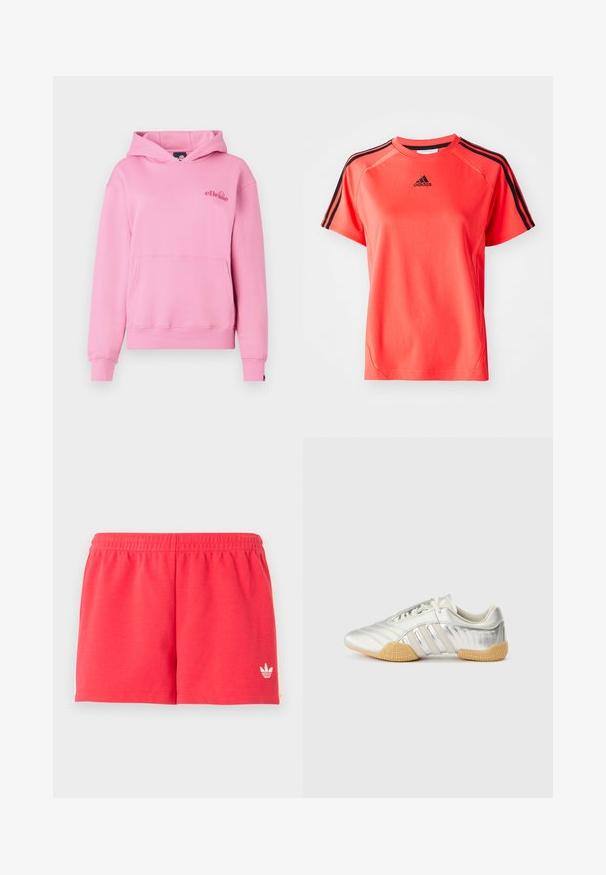 Roze hoodie van zachte stof met een voorzak, ribbelmanchetten en een geborduurd logo aan de linkerzijde van de borst.; Korte mouwen, fel koraalkleurig sport T-shirt gemaakt van lichtgewicht stof. Heeft een zwart Adidas-logo en drie zwarte strepen op elke schouder.; Rode sportshorts met elastische tailleband en klein wit Adidas-logo op het onderste gedeelte van het linkerbeen tegen een effen achtergrond.; Zilveren sportschoen met een glad leren bovenwerk, rubberen zool en gestructureerde accenten. Heeft een gebogen ontwerp en tonale veters.