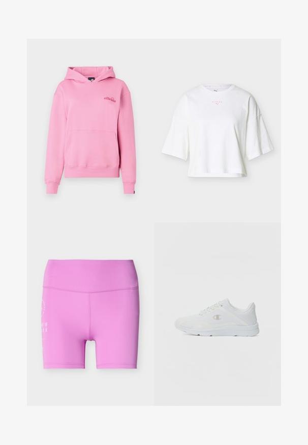 Roze hoodie van zachte stof met een voorzak, ribbelmanchetten en een geborduurd logo aan de linkerzijde van de borst.; Wit cropped T-shirt met brede korte mouwen, "HYROX" en Puma-logo's in roze op de borst, en een ronde hals.; Felroze sportieve shorts met hoge taille, zichtbare naden en subtiele witte tekst op de linkerkant.; Witte sportieve schoenen met een gestructureerde mesh bovenkant, gevoerde kraag en een contrasterend logo aan de zijkant. Beschikt over een lichtgewicht rubberen zool.