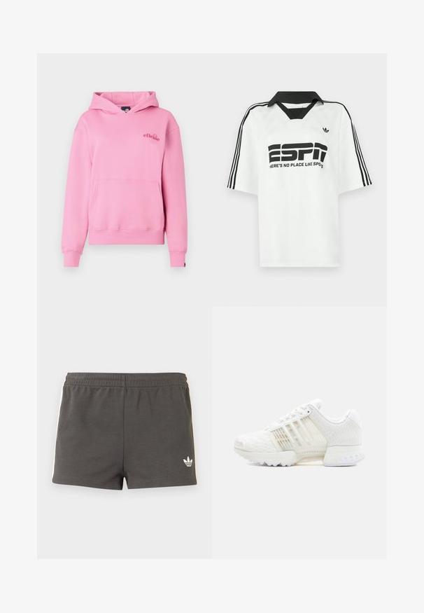 Roze hoodie van zachte stof met een voorzak, ribbelmanchetten en een geborduurd logo aan de linkerzijde van de borst.; Witte korte mouwen blouse met een zwarte kraag, drie zwarte strepen op de mouwen en een gedurfde zwarte tekst met de woorden "ESPN" en "HIER IS NO PLACE LIKE SPOTS."; Donkergrijze sportshorts met een elastische tailleband, wit Adidas-logo rechtsonder en witte strepen langs de zijkanten.; Witte sportschoen met een gestructureerd mesh bovenwerk, doorschijnende zijpanelen en een stevige rubberen zool. Voorzien van een vetersluiting en een gevoerde kraag.