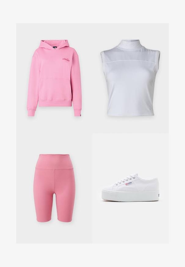 Rosa Kapuzenpullover aus weichem Stoff mit einer Fronttasche, gerippten Bündchen und einem bestickten Logo auf der linken Brustseite.; Weißes ärmelloses Oberteil mit hohem Kragen, glatter Textur und taillierter Passform. Verfügt über eine horizontale Naht über der Brust.; Hoch taillierte pinke Biker-Shorts mit glattem, nahtlosem Design und mittlerer Oberschenkellänge vor weißem Hintergrund.; Weiße Leinenschuhe mit einer dicken weißen Plattformsohle, runder Zehenpartie und Metallösen für die Schnürsenkel. Markenlogo an der Seite angebracht.